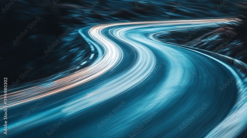Poster motion blur effect on a curving mountain road with sharp turns, creating the feeling of speed and th