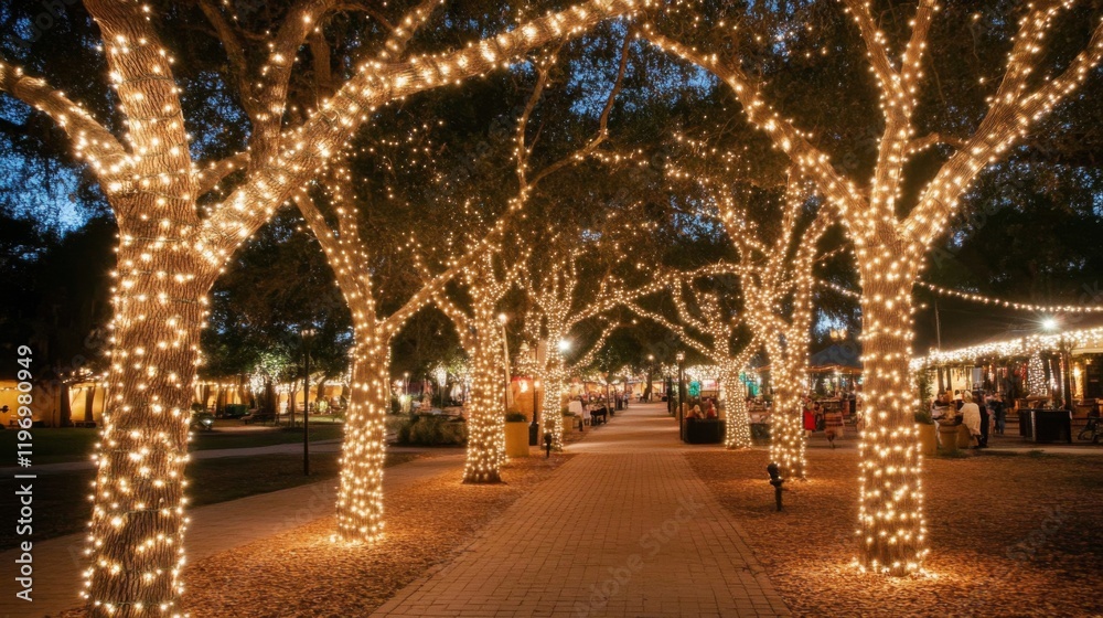 Poster strings of fairy lights gently wrapped around tree branches in a garden, creating a magical outdoor 