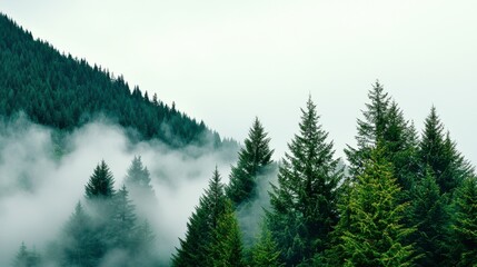 Fototapeta premium Misty Forest Landscape with Lush Green Trees and Foggy Atmosphere