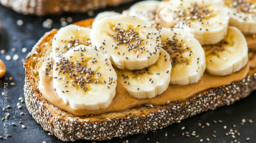 Poster toast topped with creamy peanut butter and banana slices, sprinkled with chia seeds, creating a nutr