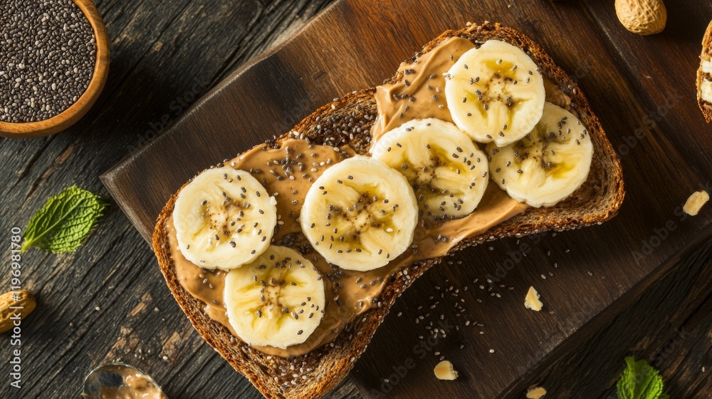 Poster Toast topped with creamy peanut butter and banana slices, sprinkled with chia seeds, creating a nutritious and delicious breakfast option