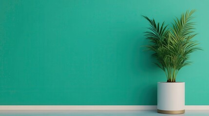 Fototapeta premium A vibrant turquoise wall showcases a stylish potted plant, creating a fresh and modern aesthetic in a minimalist space.