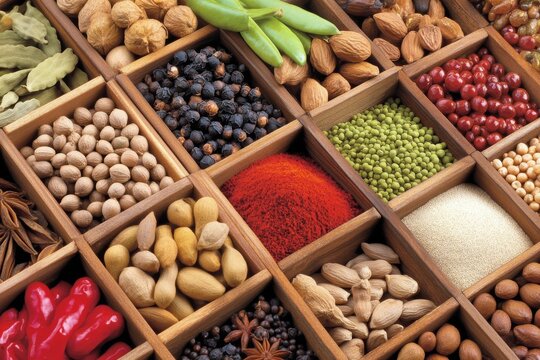 Colorful spices in wooden boxes on market stall, featuring turmeric, chili, and cumin
