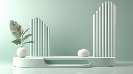 Minimalist green podium with plant.