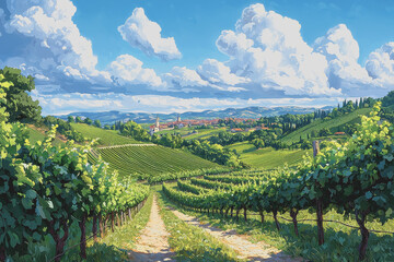 Naklejka premium Vineyard landscape painting with pathway leading through lush grapevines and scenic fields ideal for wine enthusiasts art collectors and nature lovers in serene countryside setting
