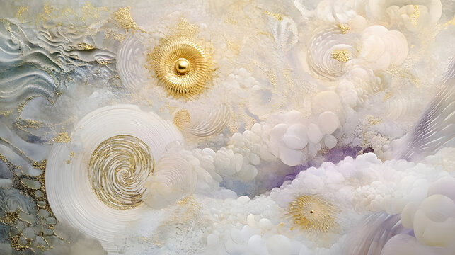 A surreal depiction of overlapping circular shapes in soft pastels, surrounded by swirling patterns of textured gold and white for a harmonious and dreamy design 