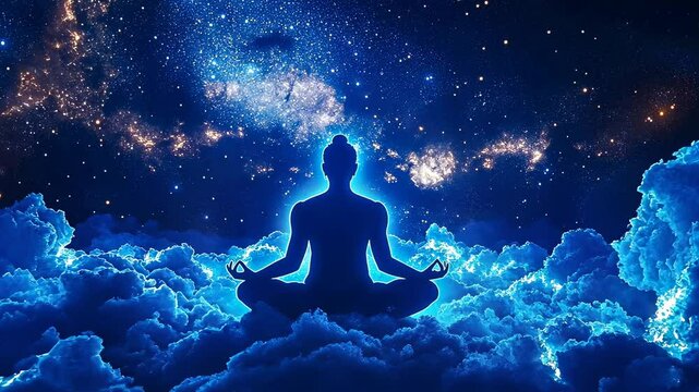 Person meditating glowing clouds.Tranquil meditation starlit night.Serene atmosphere enhances peaceful vibe.session cosmic sky.Starry adds serenity.Calm practices mindfulness.