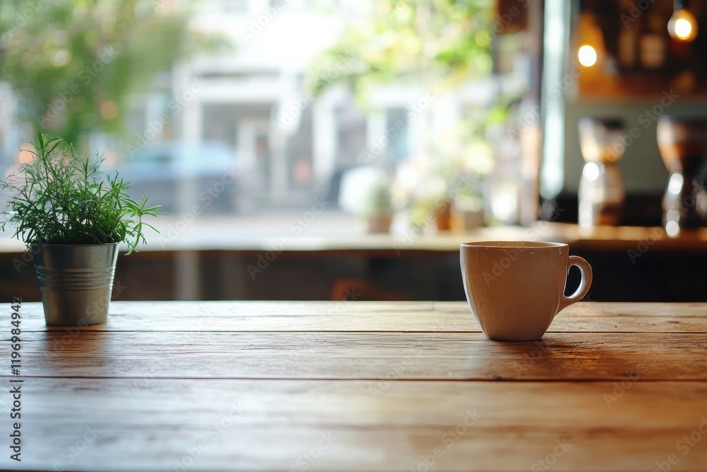 Leinwandbilder cozy coffee shop setting with empty space for text and a cup on a wooden table. generative ai