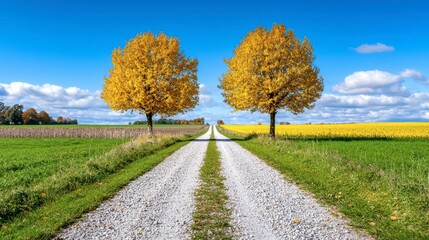 Fototapeta premium Scenic Autumn Road with Vibrant Yellow Trees and Blue Sky