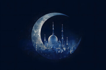 Ramadan Kareem greeting. Islamic city with mosque skyline, crescent moon and stars. End of fasting. Hari Raya card. Eid al-Fitr. Breaking of holy fast day. Muslim holiday. Arab night sky.