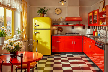 Retro 1950s Kitchen with Red Cabinets, Yellow Vintage Refrigerator, and Checkered Floor in Bright Sunlit Space