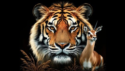 Fototapeta premium Majestic Tiger and Wary Gazelle A Powerful Illustration of Wildlife on Black Background
