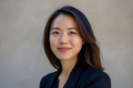 Close-up portrait of a beautiful young Asian working woman, wearing a black blazer ,  exuding professionalism and confidence.