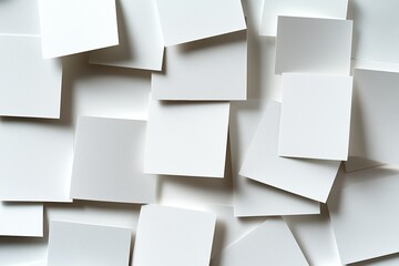 Multiple blank paper squares arranged randomly on a neutral background in creative workspace