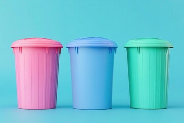 Three colorful trash bins (pink, blue, green) are lined up against a bright turquoise background, emphasizing vibrant waste management solutions.