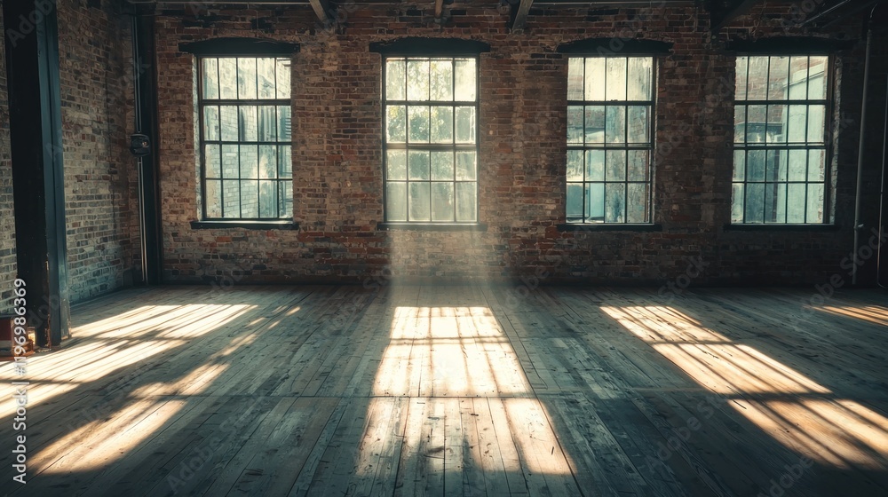 Poster Sunlit industrial loft interior with brick walls and wood floor.