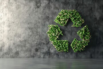 A green recycling symbol made of leaves against a textured gray background, promoting environmental sustainability and awareness.