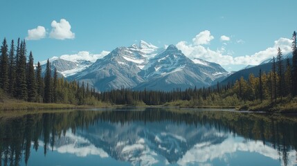 Fototapeta premium Majestic mountain range reflected in a tranquil lake.