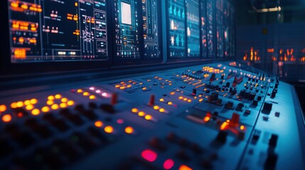 Futuristic Control Room Illuminated Buttons, Digital Screens, System Monitoring