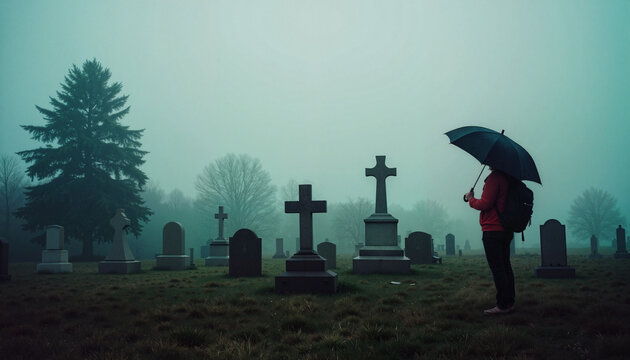 Quiet reflection with umbrella in misty cemetery, serene remembrance