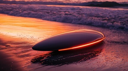 Surfboard glowing at sunset on beach.