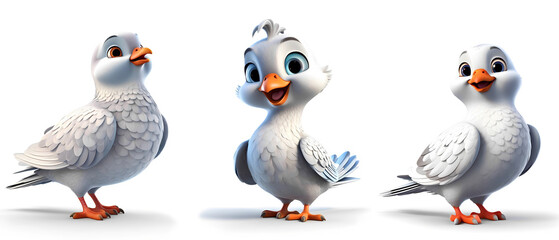 Obraz premium Three adorable white baby pigeons in various poses, smiling cheerfully against a white background.