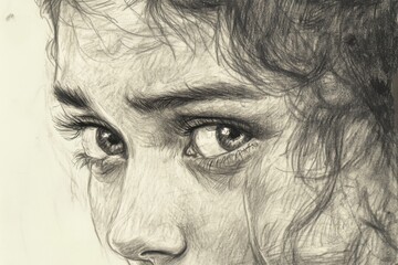Obraz premium Pencil drawing of a portrait of a young woman's eye looking at a crying woman. 