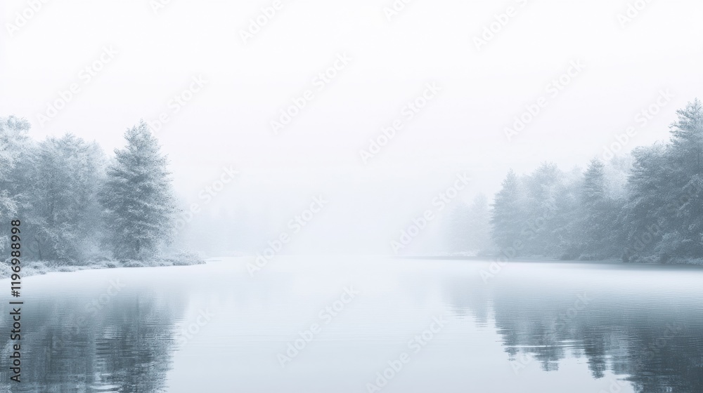 Poster Misty lake view with calm water and abundant greenery in a serene natural setting. Generative AI