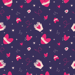 Vector flat cute romantic Valentines day, love season seamless pattern with heart is embraced by hands, hands holding a heart, stars, line art shapes.
