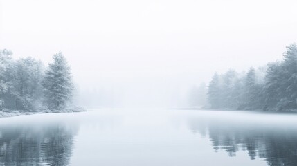 Fototapeta premium Misty lake view with calm water and abundant greenery in a serene natural setting. Generative AI