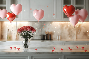 Valentines Day Kitchen Background with Red Roses and Heart Balloons - Generative AI