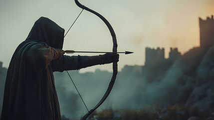 Traditional archer in medieval garb, bow drawn taut, arrow aimed at a distant target, misty castle ruins in the background, dramatic lighting