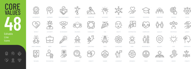 Core Values Line Editable Icons set. Vector illustration in modern thin line style of beliefs related icons: happiness, work, community, and more. Pictograms and infographics for mobile apps