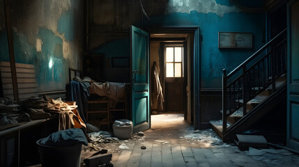 a room with a bunch of trash and a door