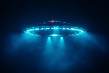Obraz premium Futuristisches UFO mit blauem Licht schwebt geheimnisvoll im Nebel