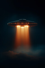 Futuristisches UFO mit blauem Licht schwebt geheimnisvoll im Nebel

