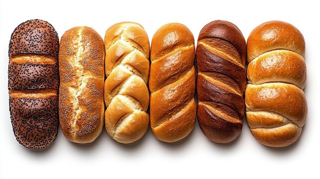 A photostock of fresh, golden-brown loaves of bread arranged in a row on a white background, symbolizing bakery and homemade comfort food. High Quality