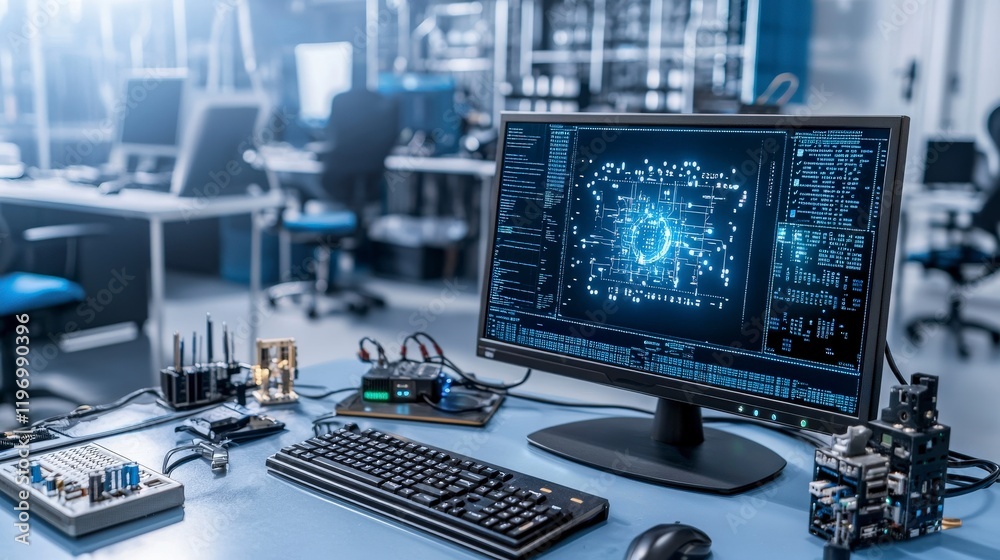 Poster Cyber protection setup against denial of service attacks data center technology showcase modern workspace close-up viewpoint