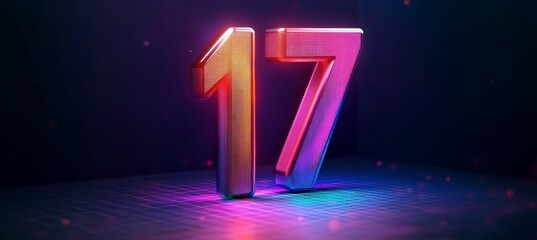 Illuminated Big 3D Number 17 In Futuristic Style With Glowing Effect On Abstract Background