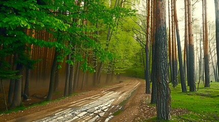 Fototapeta premium Scenic forest path with lush greenery and tall trees after rain, creating a serene atmosphere