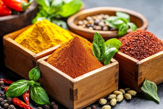 Colorful spices in wooden boxes on market stall, featuring turmeric, chili, and cumin