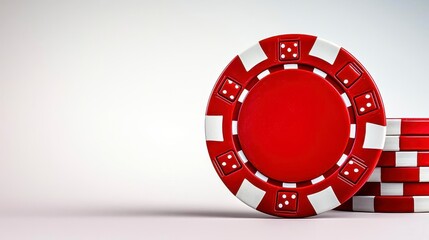 A photostock of a casino poker chip in red and white, placed symmetrically against a clean white background, symbolizing luck and gaming. High Quality