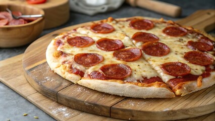 pepperoni pizza on wooden board