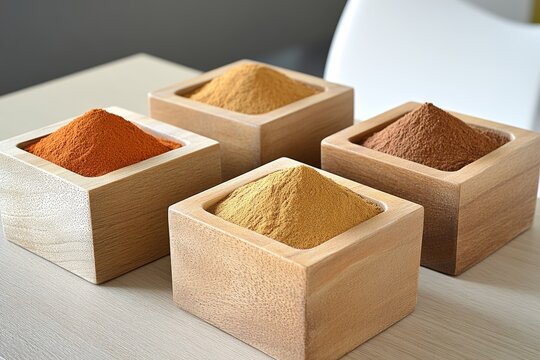 Colorful spices in wooden boxes on market stall, featuring turmeric, chili, and cumin
