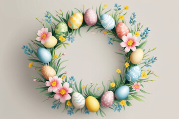 Happy Easter wreath with eggs, herbs, flowers. Hand drawn isolated illustration on white background. AI generated