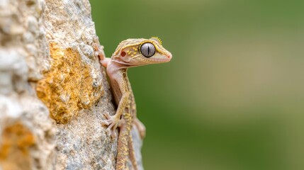 Gecko on rock, blurred green background, wildlife closeup