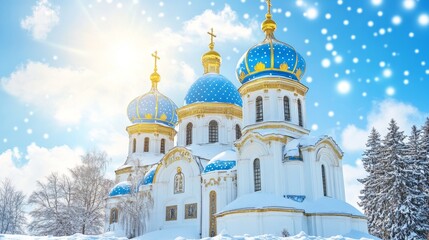 Beautiful Orthodox Church with Blue Domes on a Snowy Winter, Christmas Greeting Card Background