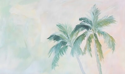 An acrylic painting of two palm trees in pastel tones, styled in fauvism with soft golden hour lighting