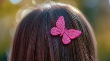 Naklejka premium Pink Glitter Butterfly Hair Clip on Brown Hair Outdoors