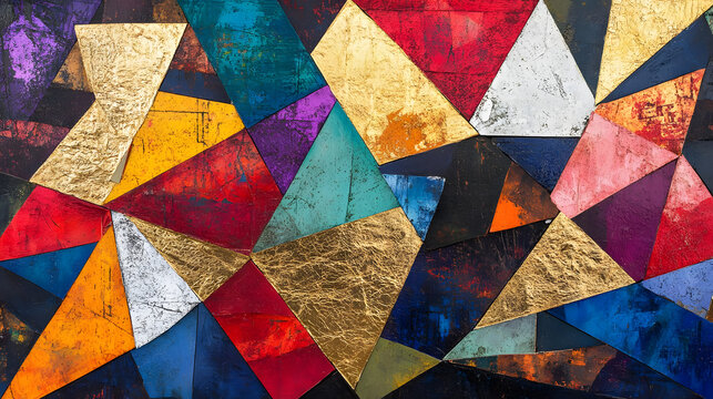 A vibrant mosaic of overlapping triangles and rectangles in bold primary colors, accented with textured gold and silver highlights for a dynamic visual impact 